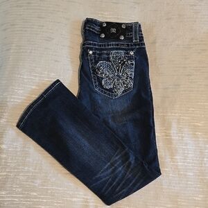 Miss Me Fleur Boot Cut Blue Jeans Denim with Rhinestone Pockets Size 30
